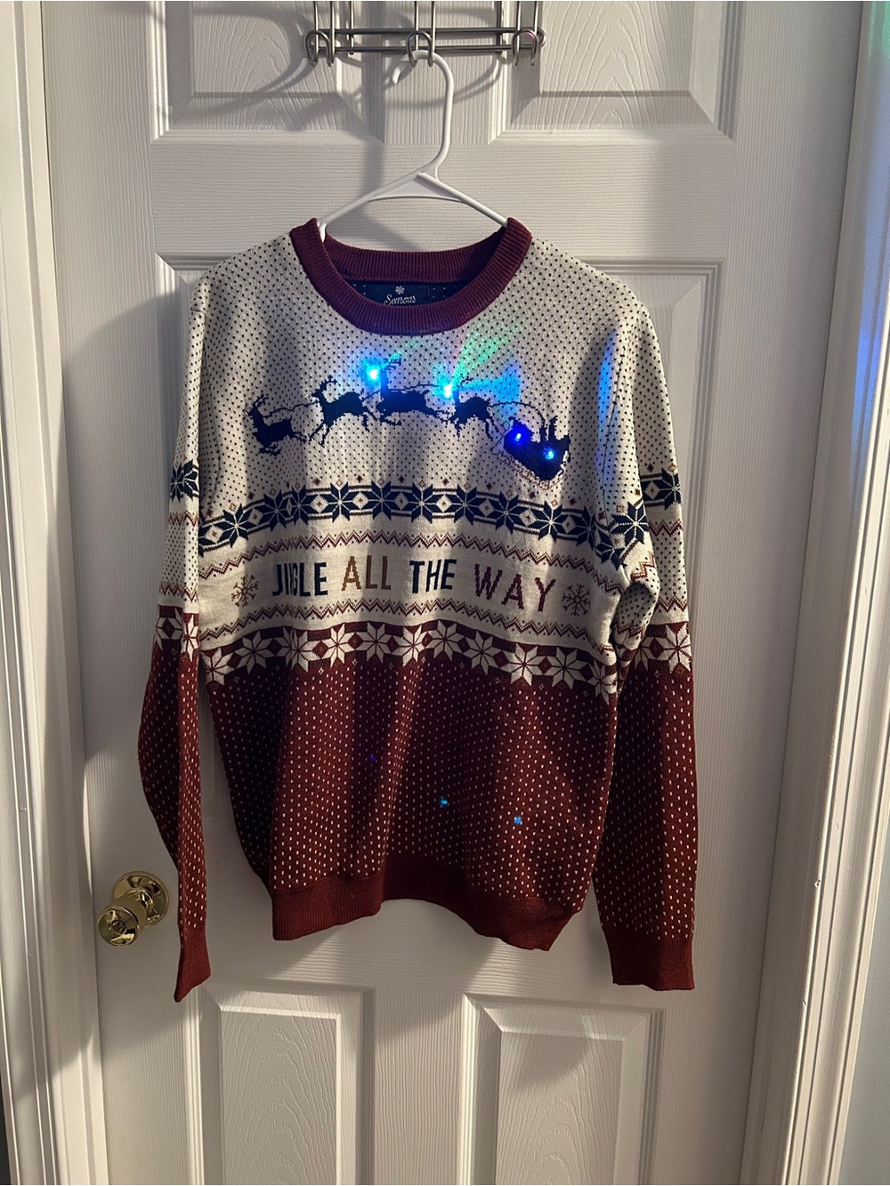 Light-up Ugly Christmas Sweater Sweater in Maroon & Cream - Jingle All The Way